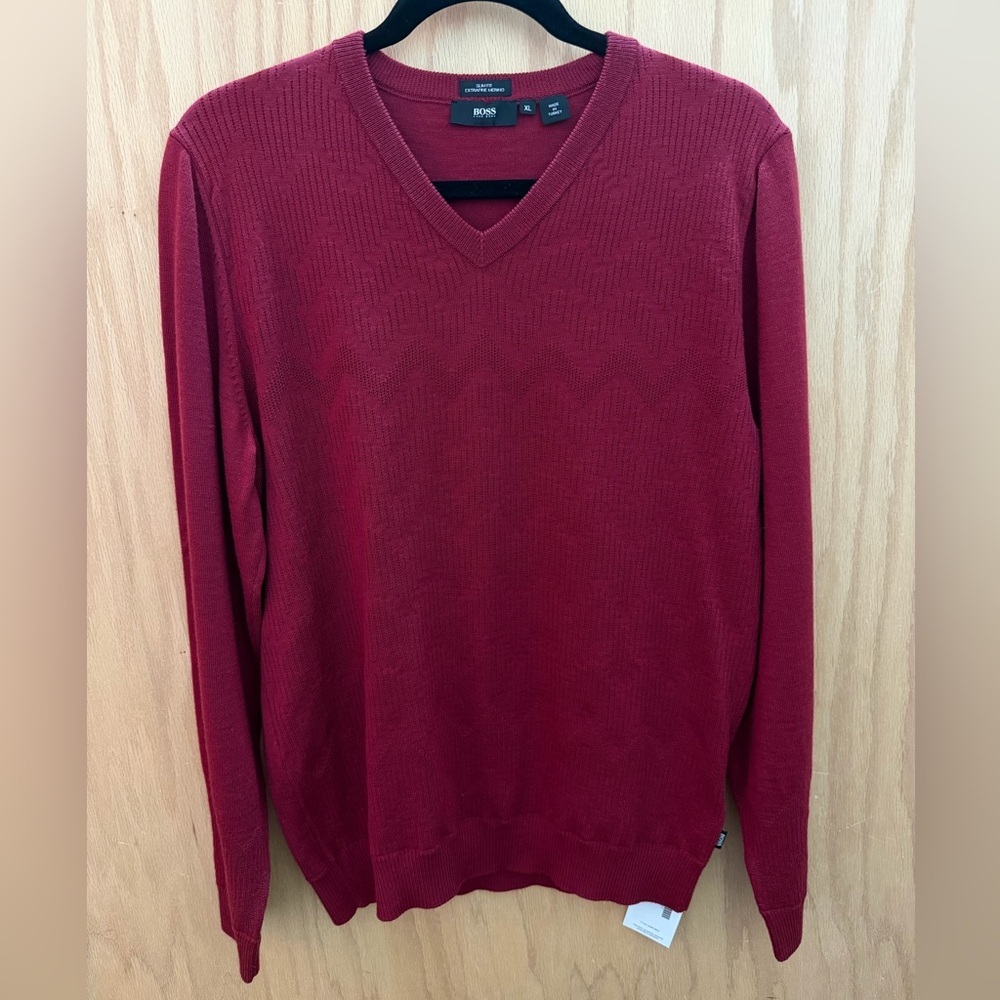 Hugo Boss Men’s V-Neck Wool Sweater in Rich Red